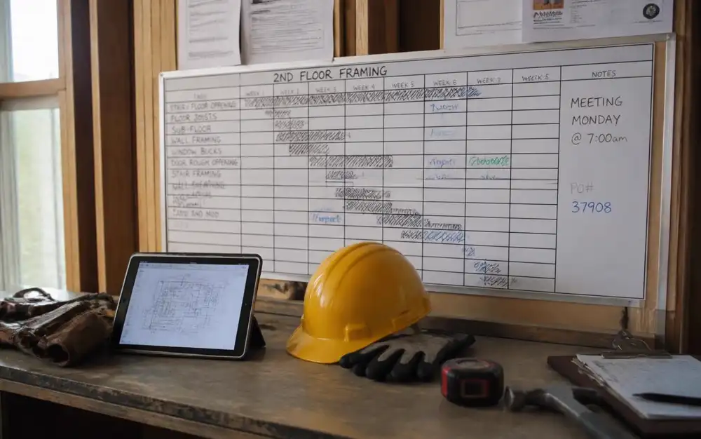 Planeamento de obra com calendário, tablet e ferramentas organizadas