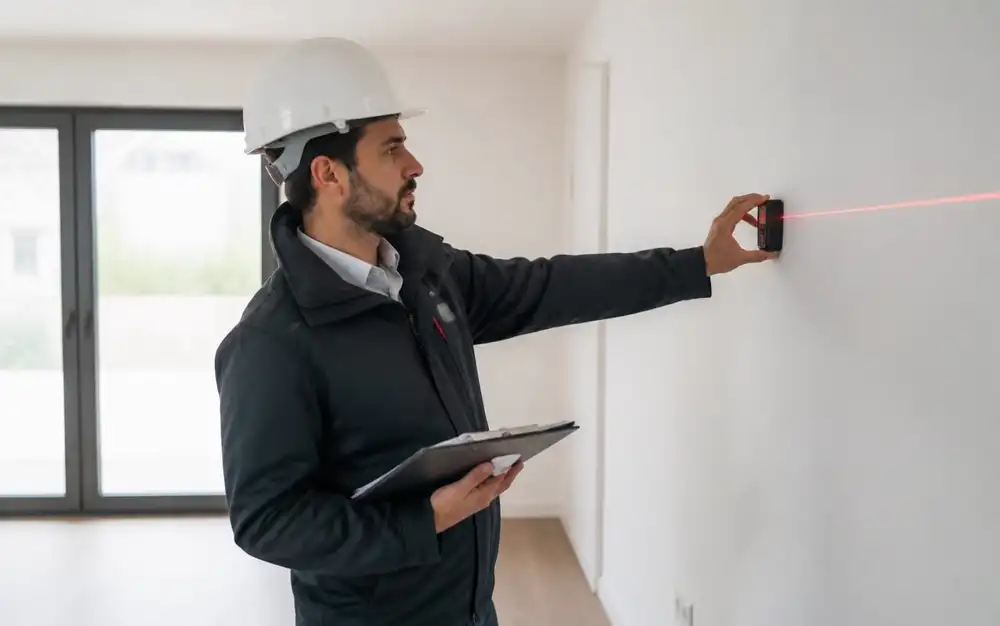 Técnico a medir um espaço interior durante a visita de levantamento