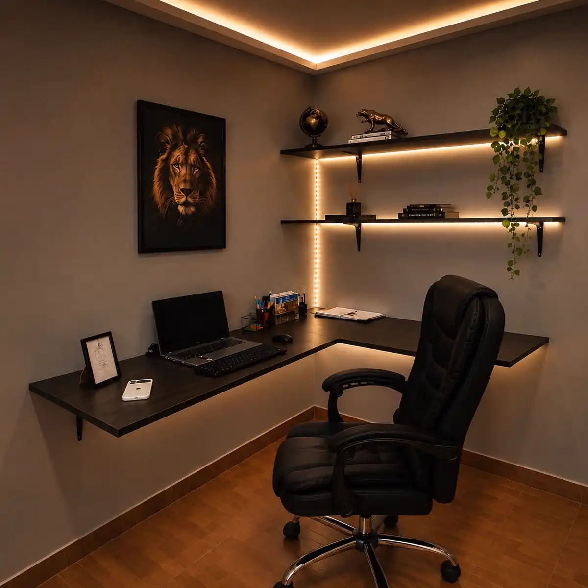 Interior remodelado com bancada em L, prateleiras e iluminação LED